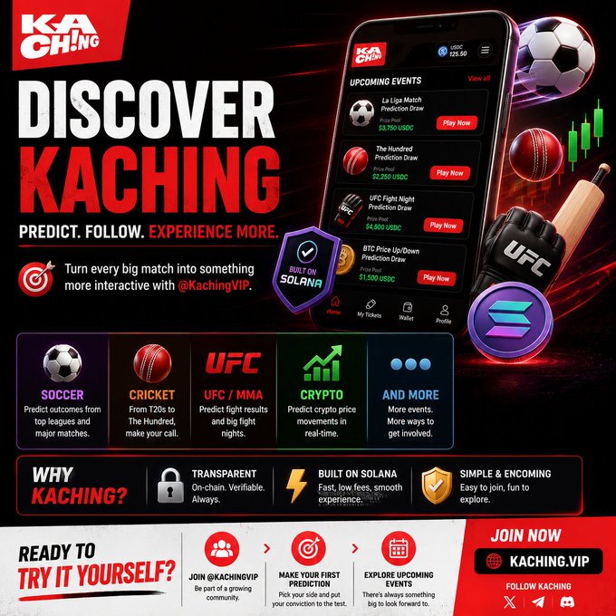 A promotional website design for "KACHING" featuring the text "DISCOVER KACHING" and a mobile app interface displaying prediction markets for events like "La Liga Match Prediction Draw" and "The Hundred Prediction Draw."