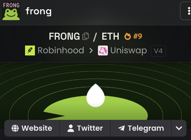 The image displays a crypto tracking app showing the token "frong" with the ticker FRONG, ranked #9, available for trading as the FRONG/ETH pair on Uniswap (V4) and Robinhood. The screenshot supports the post's claim by visually confirming that $FRONG is indeed an active Uniswap launchpad token ranked in the top 10.