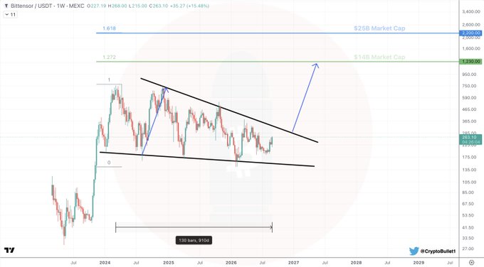 A TradingView weekly chart for 'Bittensor / USDT' displays a symmetrical triangle pattern with projections toward a '$25B Market Cap' (1.618) and '$14B Market Cap' (1.272).