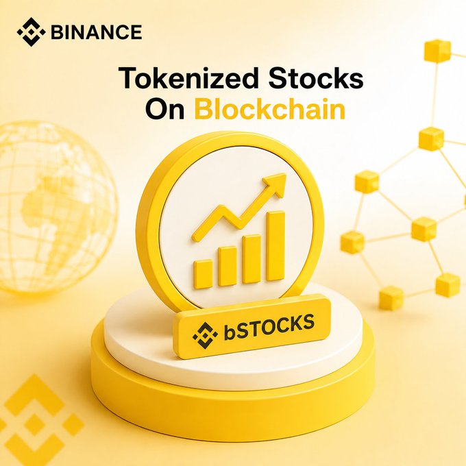 A promotional graphic for Binance titled 'Tokenized Stocks On Blockchain' featuring a 3D golden bSTOCKS coin with a rising chart icon.