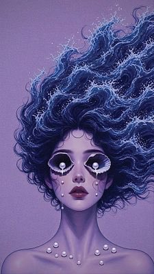 A stylized digital artwork of a woman with purple skin, voluminous dark blue curly hair, and decorative white face markings including teardrops under her eyes.