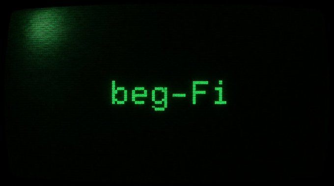 The image shows a pixelated green text reading "beg-Fi" displayed on a dark CRT-style screen, visually illustrating the cryptocurrency meme that the post references, suggesting "beg-Fi" (beggar finance) is currently trending.