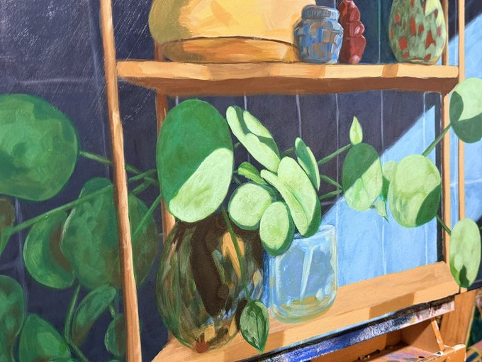 A vibrant painting depicting potted plants with round green leaves on a wooden shelf, with glass jars and ceramics on the shelf above, illuminated by a beam of blue light.