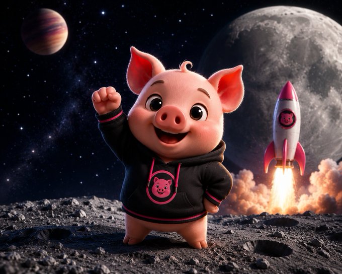 Digital illustration of a cartoon pig in a black hoodie with a pink logo, standing on a lunar surface while a rocket ship launches behind it against a starry sky with planets.