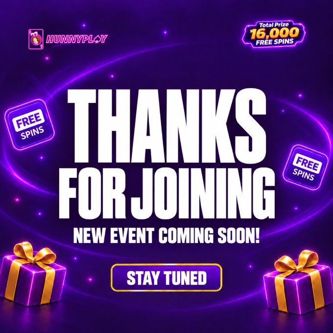 Promotional graphic for 'HUNNYPLAY' casino featuring 'THANKS FOR JOINING' text, 'STAY TUNED' button, 'Total Prize 16,000 FREE SPINS', and gift box illustrations on a purple background.