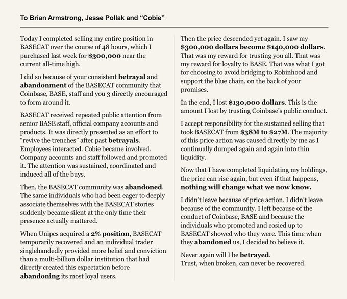 A typed open letter addressed to Brian Armstrong, Jesse Pollak, and 'Cobie', detailing the author's experience of losing over $130,000 after selling their BASECAT position due to alleged betrayals by the community.