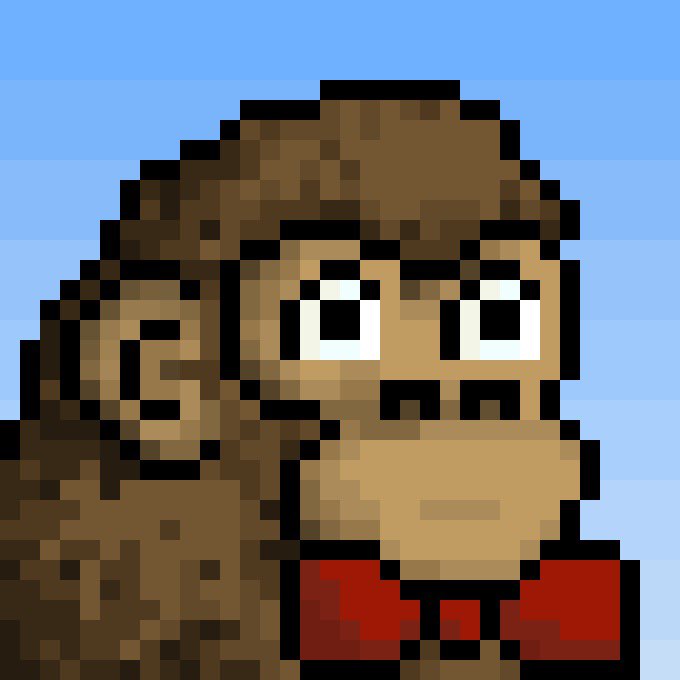 A pixel art illustration of a brown monkey character with a mustache wearing a red shirt against a light blue sky background.