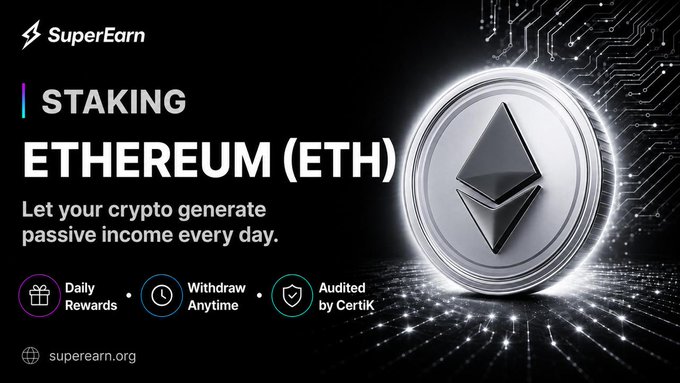 A promotional banner for SuperEarn advertising 'STAKING ETHEREUM (ETH)' with the tagline 'Let your crypto generate passive income every day,' featuring a large silver Ethereum coin against a digital circuit background.