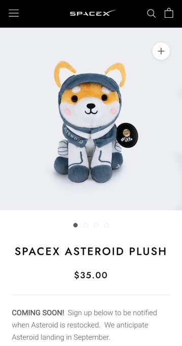 A SpaceX online store page displaying a 'SPACEX ASTEROID PLUSH' for $35.00, featuring a Shiba Inu dog plush wearing a gray SpaceX spacesuit, marked as 'COMING SOON' with anticipated restock in September.