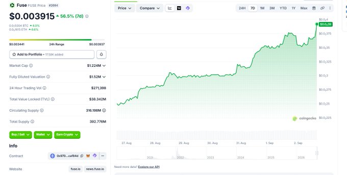A CoinGecko price chart shows the FUSE (FUSE) cryptocurrency at $0.003915, up 56.5% over 7 days, with a market cap of $1.224M.