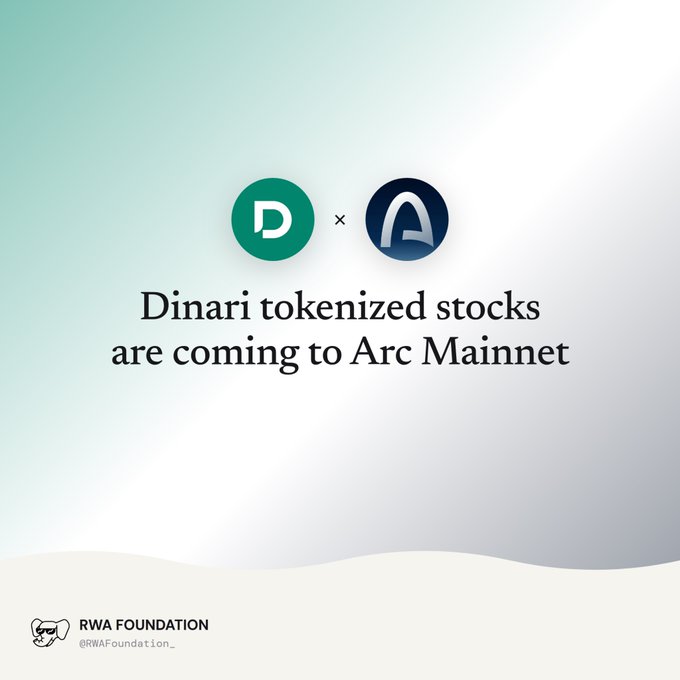 A promotional graphic announces that Dinari tokenized stocks are coming to Arc Mainnet, featuring the Dinari (D) and Arc logos with the RWA Foundation @RWAFoundation_ branding.