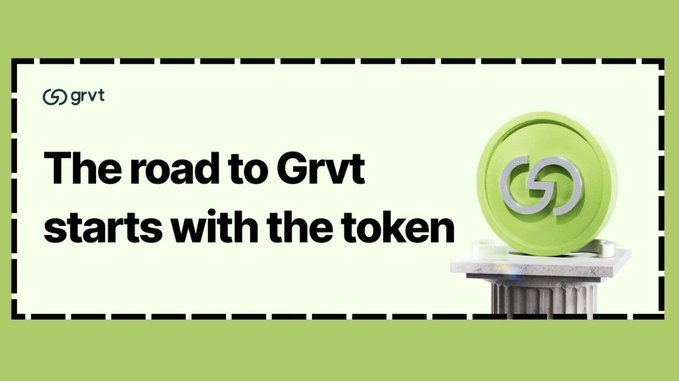 A green-and-white Grvt banner reads “The road to Grvt starts with the token,” with the “grvt” logo at top left and a large coin-like Grvt emblem on a pedestal.