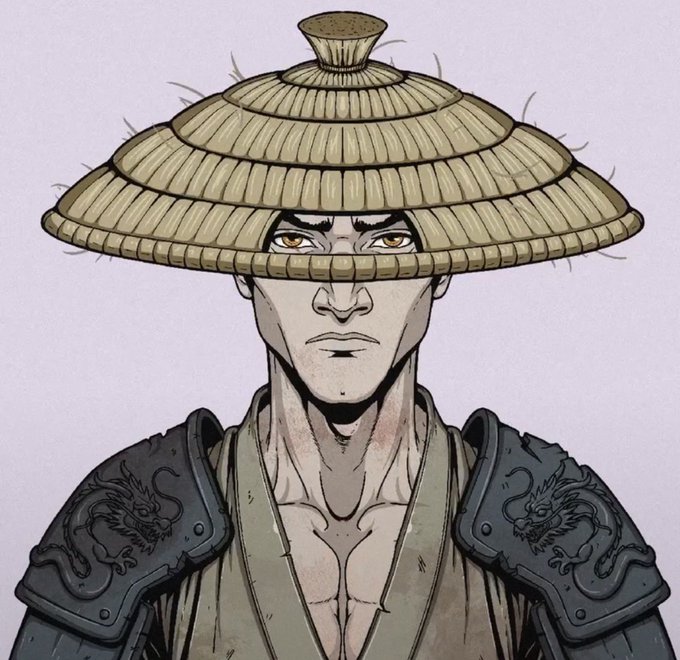A stoic samurai with piercing golden eyes stares forward, wearing a wide-brimmed straw hat and dark shoulder armor adorned with dragon motifs, evoking the fierce warrior spirit of the "Survivors One" NFT collection launching on Ethereum.