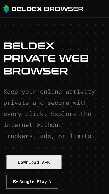 An advertisement for the Beldex Private Web Browser featuring a 'Download APK' and 'Google Play' button.