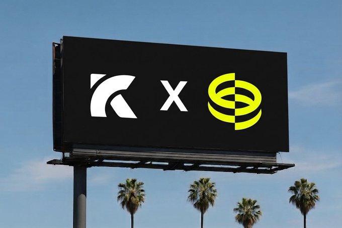 A billboard against a blue sky with palm trees displays logos for Kreo and Dimes Finance (denoted as "Kreo x @dimes_fi"), visually promoting their partnership to enable leveraged trading on supported markets directly through Telegram.
