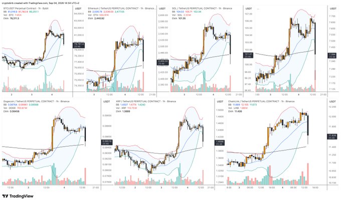 This is a TradingView dashboard with six perpetual futures charts from Binance — BTC/USDT ($78,571.3), ETH/USDT ($2,440.52), SOL/USDT ($105.88), DOGE/USDT ($0.18456), XRP/USDT ($1.3855), and LINK/USDT ($11.400) — all showing synchronized sharp downward price moves on the 1-hour timeframe, visually reinforcing the post's exasperated "Who sold?!" reaction to a sudden market-wide selloff.