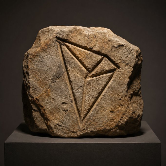 A weathered stone block engraved with a geometric triangular emblem sits on a dark pedestal, symbolizing the foundational support and structured ecosystem backing that the AINFT Foundation provides to AI innovators. The carved emblem reflects the solid, lasting infrastructure of resources and mentorship offered to accelerate Web3 AI adoption under the TRON EcoStar initiative.