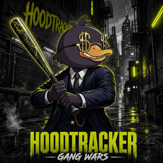 Promotional artwork for 'HOODTRACKER: GANG WARS' showing a cartoon duck with dollar signs for eyes wearing a pinstripe suit and holding a glowing green baseball bat in a dark, rainy city alley.