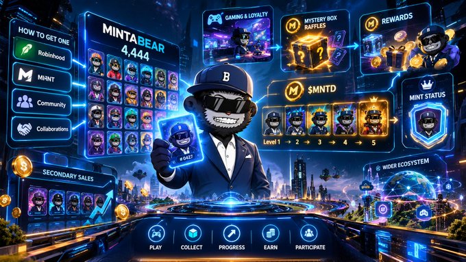 A futuristic gaming dashboard interface featuring a cartoon bear character wearing sunglasses, with panels labeled "MINTABEAR", "HOW TO GET ONE", "SECONDARY SALES", "GAMING & LOYALTY", "MYSTERY BOX RAFFLES", "REWARDS", "$MNTD", "MINT STATUS", and "WIDER ECOSYSTEM".