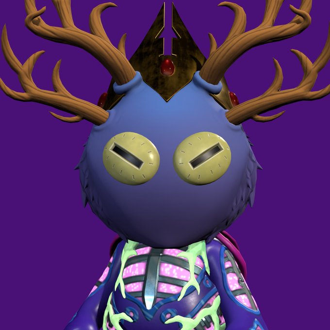 A 3D-rendered fantasy character with large antlers, a purple furry head, and glowing yellow dollar-sign eyes on a purple background.