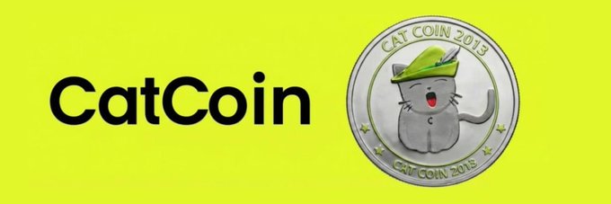 The image shows the CatCoin logo with the word "CatCoin" in bold black text on a yellow background, alongside a silver coin featuring a cartoon gray cat wearing a green hat, inscribed with "CAT COIN 2013." This banner image corresponds to the $CATCOIN token listing mentioned for the Moby platform.