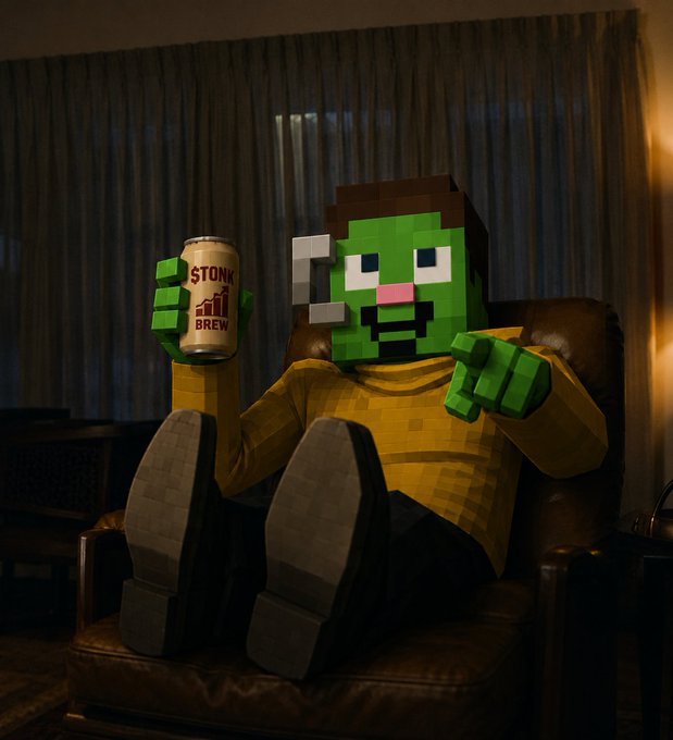 A Minecraft-style zombie character sitting in a brown leather armchair, holding a can labeled 'STONK BREW' in a dimly lit room with curtains.