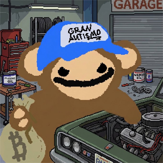 A pixel art illustration shows a brown cartoon monkey wearing a blue cap labeled "GRAN AUTISMO," holding a sack with a Bitcoin symbol, standing in a garage next to a green classic car.