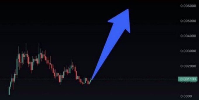 A crypto price chart shows a candlestick pattern followed by a steep upward surge marked by a large blue arrow, with the current price highlighted at 0.001133 and the y-axis scaling to 0.006000, visually illustrating the massive gains (ranging from 690x to 1570x) referenced in the post about past memecoin calls like $CATE, $TOAD, $ANSEM, and $CASHCAT.