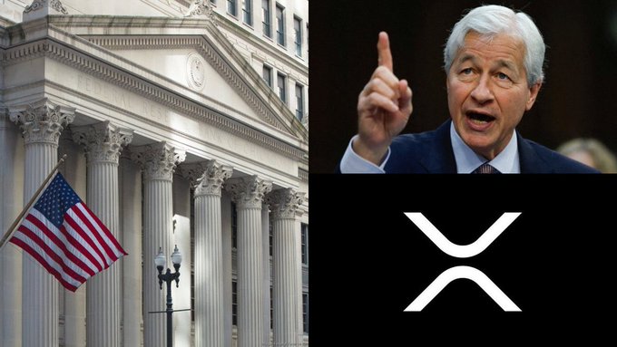 The image shows a split composition with a neoclassical U.S. government building featuring an American flag and columns on the left, JP Morgan CEO Jamie Dimon speaking with his finger raised on the top right, and the XRP logo on the bottom right. Together with the caption, it visually reinforces the claim that U.S. banks have been approved to engage with the XRP cryptocurrency, tying major banking figures and institutions to the Ripple token's purported integration into the traditional financial system.