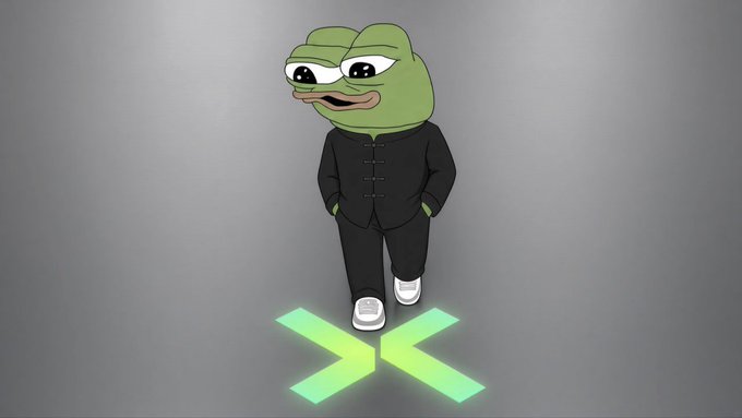 A 3D illustration of the Pepe the Frog meme character dressed in a black Chinese-style suit stands on a glowing green 'X' mark.