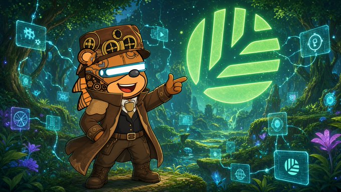 An illustrated character resembling a steampunk bear wearing VR goggles and goggles points toward a glowing green leaf-shaped logo in a magical forest setting.