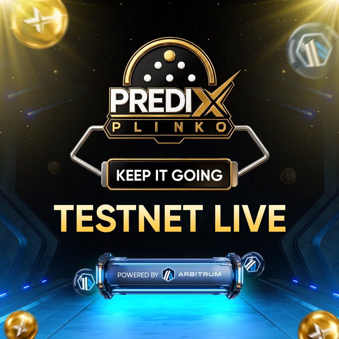 Announcement graphic for 'PREDIX PLINKO - KEEP IT GOING - TESTNET LIVE' powered by Arbitrum, featuring a gold and black casino-style design with coins and decorative light rays.