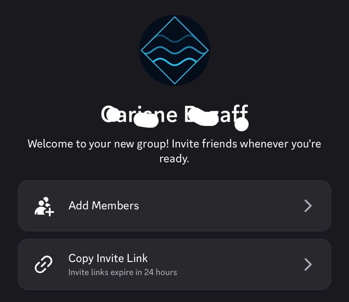 A dark-themed mobile app group screen shows a wave logo and a partly obscured group name, with the message “Welcome to your new group! Invite friends whenever you're ready.” Buttons read “Add Members” and “Copy Invite Link,” with “Invite links expire in 24 hours.”