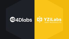 The image features two side-by-side logo panels: "4Dlabs" on the left in white text with a circular icon on a dark background, and "YZiLabs (FORMERLY BINANCE LABS)" on the right in white text with its signature logo on a yellow background. This branding aligns with the post promoting a free Alpha Badge giveaway from 4Dlabs via Galxe, highlighting the partnership context.