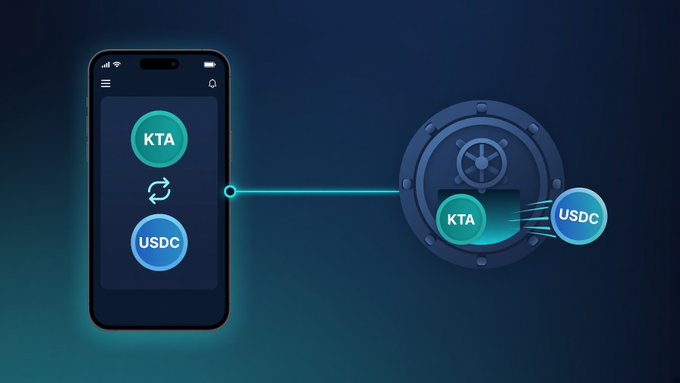 A digital graphic showing a cryptocurrency swap between KTA and USDC tokens, with a phone interface on the left and a vault on the right.
