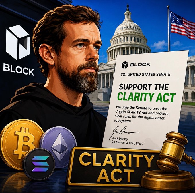 Jack Dorsey, co-founder and CEO of Block, is depicted beside a letter addressed to the United States Senate urging passage of the "CLARITY Act," with Bitcoin, Ethereum, and Solana cryptocurrencies displayed alongside a gavel—visually reinforcing Block's advocacy for clear digital asset regulations.