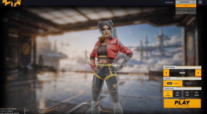 A video game menu screen showing a female character with grey hair in a red jacket and tactical gear, with options like "RAID", "TEAMS", and a "PLAY" button visible on the right.