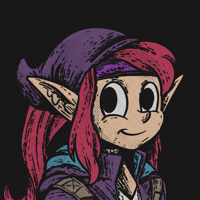 An illustrated portrait of a stylized elf-like character with pointed ears, red hair, and a purple hat and jacket against a black background.