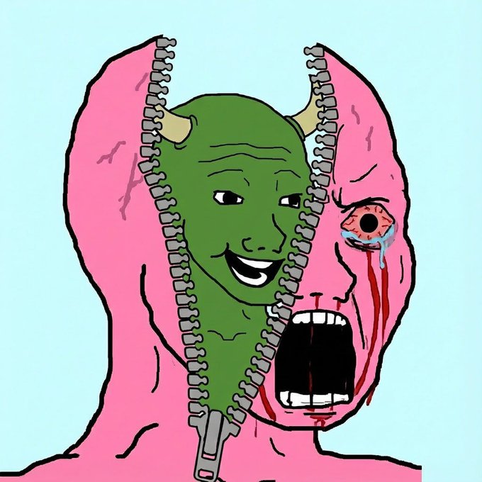 The image features a cartoon depiction of a person's face with their mouth open, revealing a zippers-like structure inside that has a green face and horns. The caption below the image reads "shed your bearishness. let’s see some green." This suggests that the image is promoting a positive message about embracing one's unique features or traits, such as having a green face with horns, rather than conforming to societal expectations of what a person should look like.