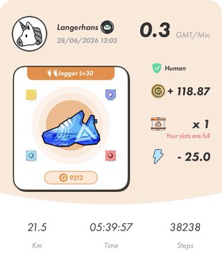 The image shows a STEPN fitness app screenshot displaying a completed jogging session ("Jogger Lv.30") by user "Langerhans" dated 28/06/2026, earning 0.3 GMT/Min with a +118.87 reward and -25.0 energy cost after covering 21.5 km in 05:39:57 with 38,238 steps. This aligns with the "#STEPNathon" goal celebration post, showing the achievements unlocked through the step-based move-to-earn exercise.
