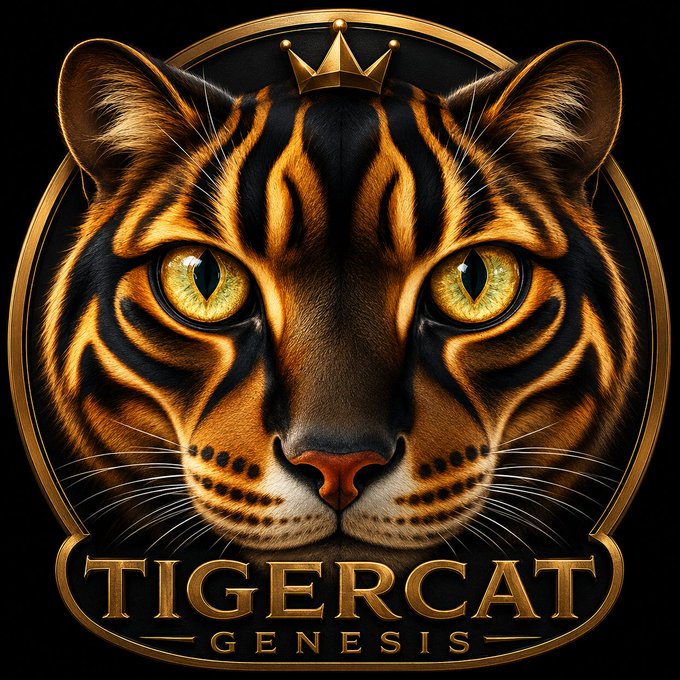 A 'TIGERCAT GENESIS' logo featuring a detailed, symmetrical illustration of a tiger's face with golden eyes, wearing a small gold crown, set within a circular gold-bordered emblem.