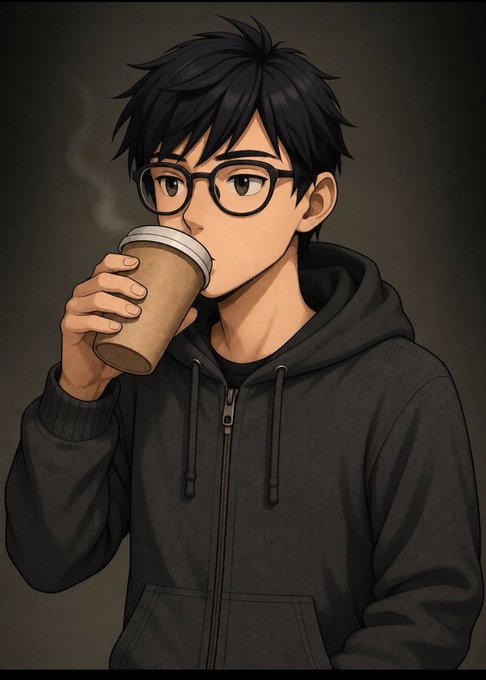 An anime-style illustration of a young man with messy black hair and round glasses, wearing a dark gray hoodie and drinking from a paper coffee cup.