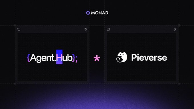 A promotional graphic on a dark background displaying the MONAD logo at the top, with panels showcasing Agent.Hub and Pieverse as featured projects.