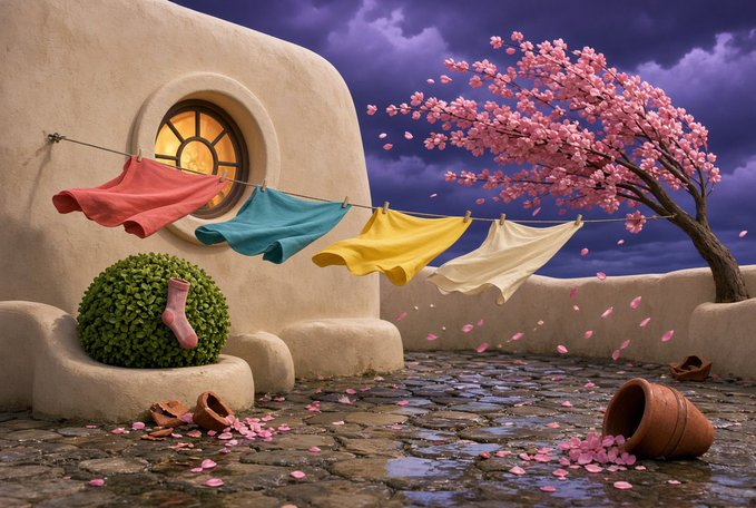 A stylized, dreamlike 3D render of a courtyard with a white stucco building, featuring colorful laundry hanging on a clothesline, scattered pink cherry blossom petals, and broken pottery.