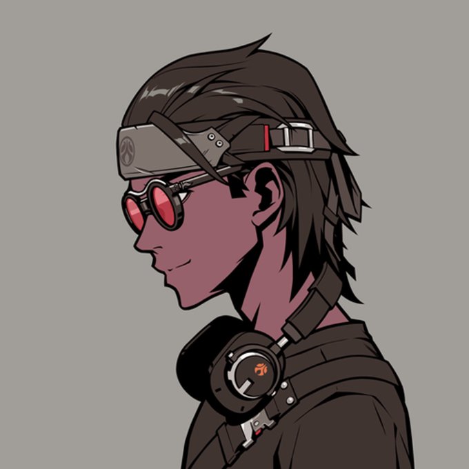 A digital illustration in profile of a character with dark skin, red round sunglasses, a forehead protector, and headphones around their neck, all set against a gray background.