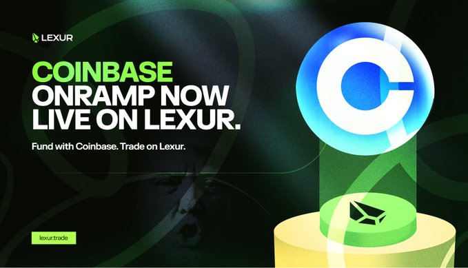Promotional graphic announcing "Coinbase Onramp Now Live on Lexur," featuring the Lexur logo and the tagline "Fund with Coinbase. Trade on Lexur," with a 3D illustration of the Coinbase "C" logo above a green coin marked "lexur.trade."