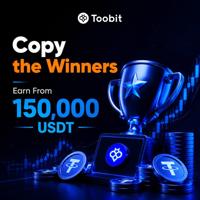 A promotional image for Toobit's Copy Trading campaign featuring a glowing blue trophy, stacks of USDT coins, and a candlestick chart, with the headline "Copy the Winners" and the prize "Earn From 150,000 USDT" displayed prominently—reinforcing the post's invitation to mirror top traders and share in the reward pool.