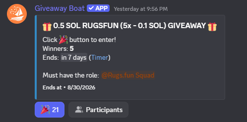 A Discord giveaway by Giveaway Bot for 0.5 SOL RUGSFUN offering 5 winners, with the image showing 21 participants, a 7-day countdown, and a requirement to have the @Rugs.fun Squad role, aligning with the post's promotion of a free SOL giveaway via Discord.