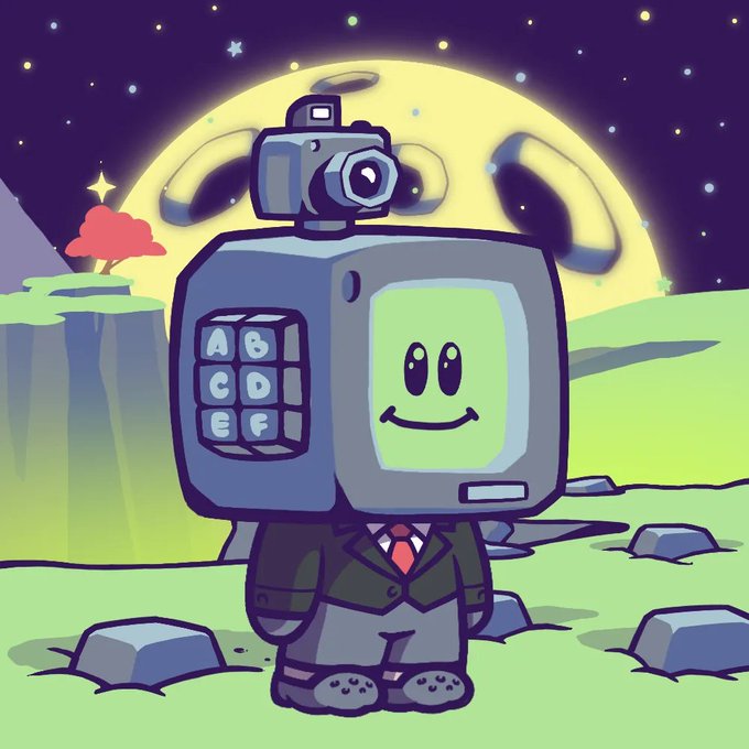 A cartoon illustration of a retro TV-headed character wearing a suit with a camera on top, standing on a green landscape with a large moon in the night sky background.