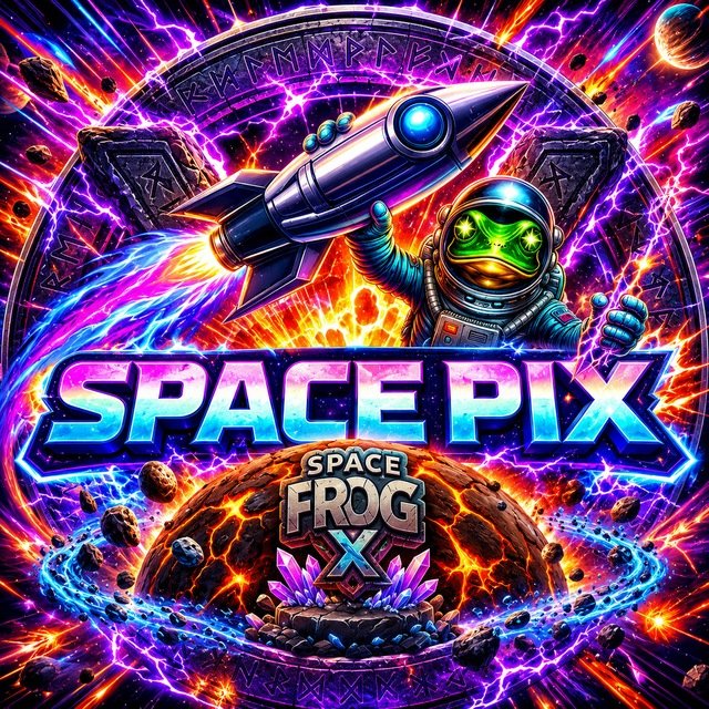 The image features a poster for a video game called "Space Piggy", which is about an alien pig who goes on adventures through space. The poster includes a rocket ship, a frog character, and a planet with a ring around it. The background of the poster has purple and blue colors, giving it a futuristic appearance. The text on the poster reads "Space Piggy" and "X", indicating that this is an X-rated game suitable for all ages.